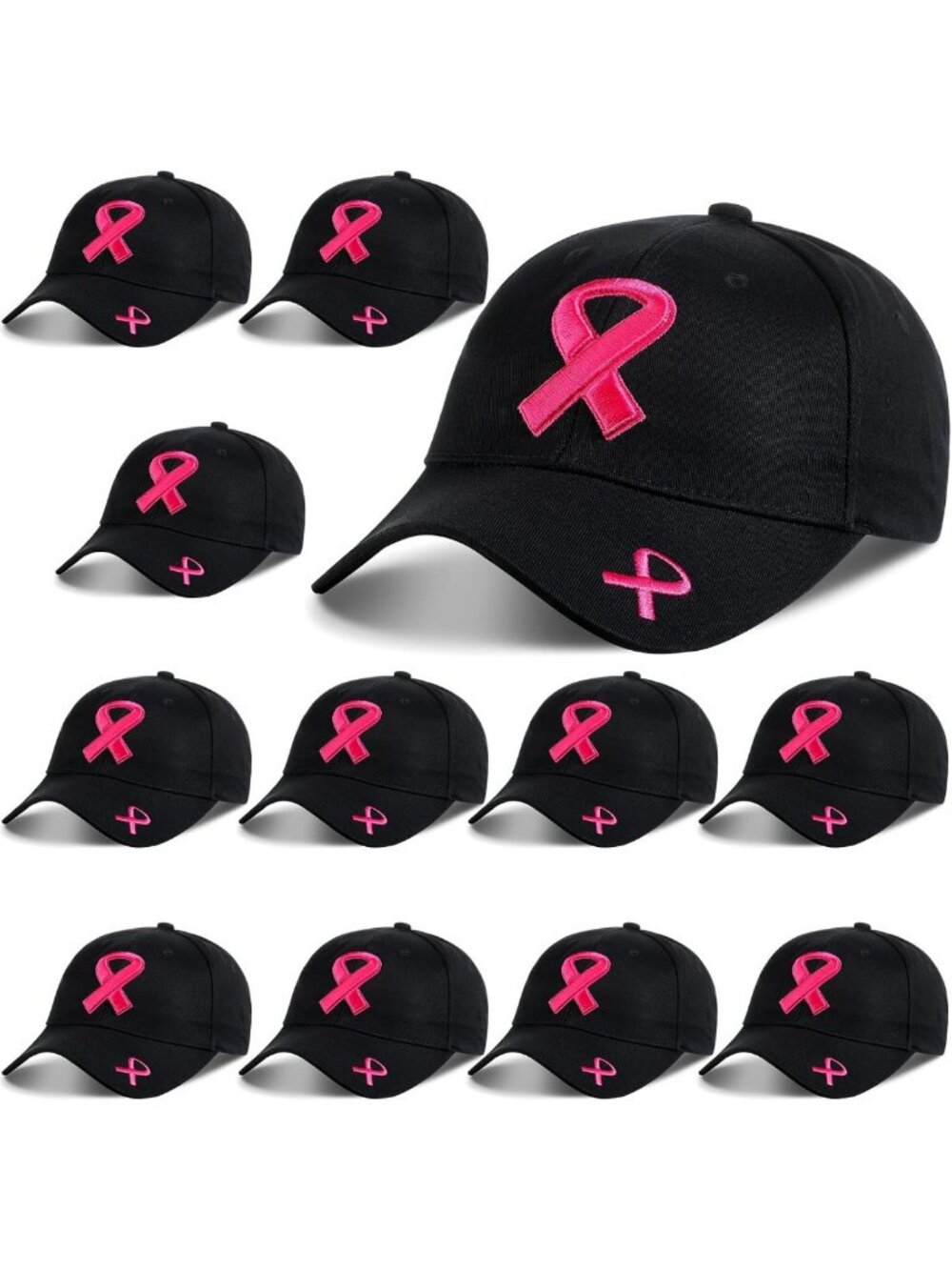 12 Pcs Pink Ribbon Baseball Hats for Breast Cancer Awareness - Adjustable